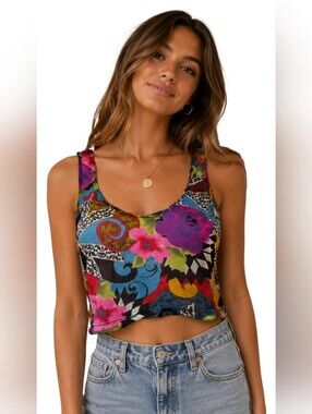 Vintage 90s Jams World Style Nylon Floral Abstract Cropped Tank Top. Size S